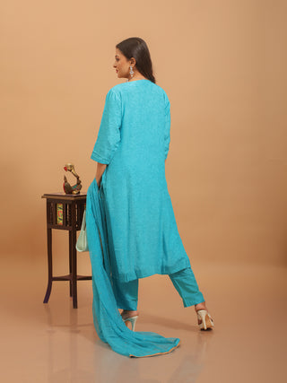 Turquoise Bangalore Semi-Silk Kurta Set with Hand Zardozi Work & Embroidered Chiffon Dupatta