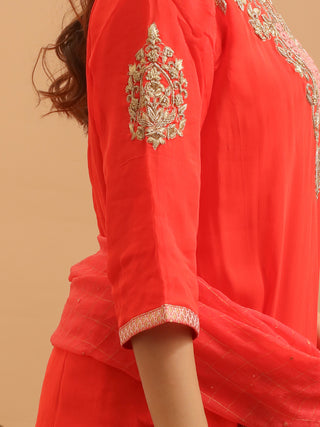Vermillion Red Viscose Georgette Kurta Set with Hand Zardozi Work & Embroidered Chiffon Dupatta
