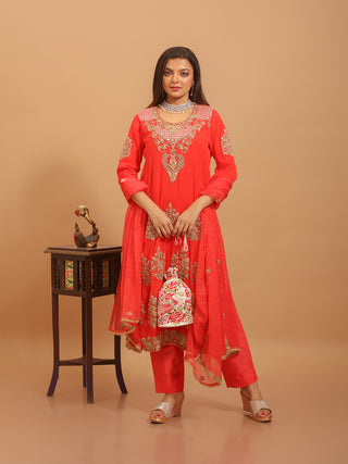 Vermillion Red Viscose Georgette Kurta Set with Hand Zardozi Work & Embroidered Chiffon Dupatta