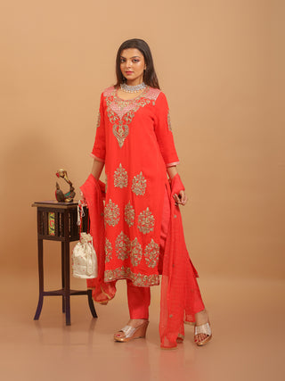 Vermillion Red Viscose Georgette Kurta Set with Hand Zardozi Work & Embroidered Chiffon Dupatta