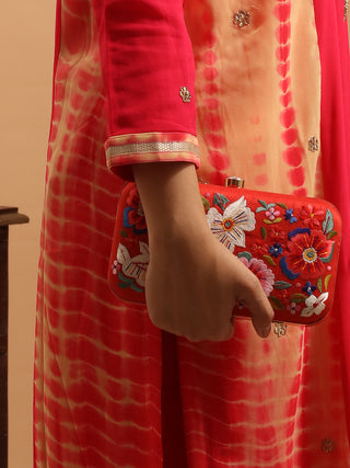 Red-Orange Ombre Viscose Georgette Kurta Set with Hand Zardozi Work & Embroidered Chiffon Dupatta