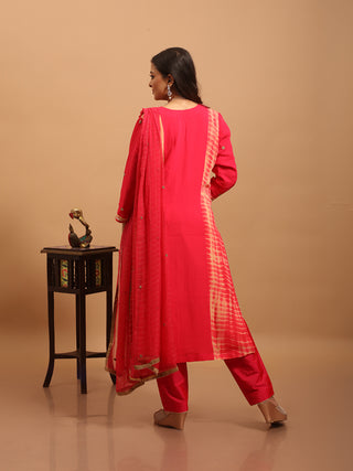 Red-Orange Ombre Viscose Georgette Kurta Set with Hand Zardozi Work & Embroidered Chiffon Dupatta
