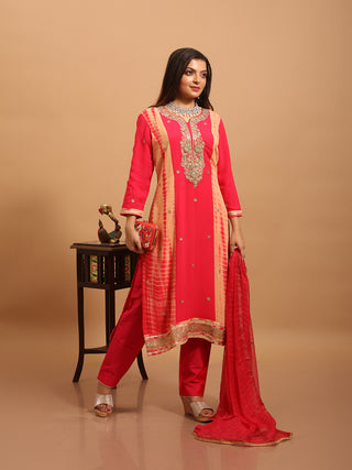 Red-Orange Ombre Viscose Georgette Kurta Set with Hand Zardozi Work & Embroidered Chiffon Dupatta