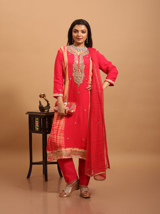 Red-Orange Ombre Viscose Georgette Kurta Set with Hand Zardozi Work & Embroidered Chiffon Dupatta