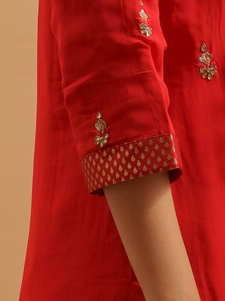 Classic Red Viscose Georgette Kurta Set with Zardozi Yoke & Banarasi Dupatta
