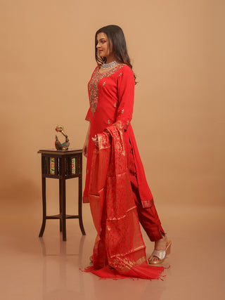 Classic Red Viscose Georgette Kurta Set with Zardozi Yoke & Banarasi Dupatta