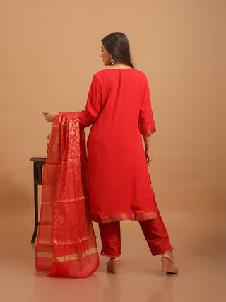 Classic Red Viscose Georgette Kurta Set with Zardozi Yoke & Banarasi Dupatta