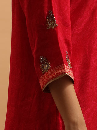 Deep Crimson Bangalore Silk Kurta Set with Rich Hand Zardozi & All-over Paisley Weave