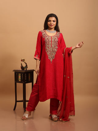 Deep Crimson Bangalore Silk Kurta Set with Rich Hand Zardozi & All-over Paisley Weave