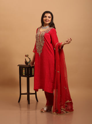 Deep Crimson Bangalore Silk Kurta Set with Rich Hand Zardozi & All-over Paisley Weave