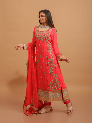 Coral Rose Viscose Georgette Kurta Set with Intricate Zardozi Embroidery & Chiffon Dupatta