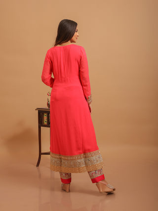 Coral Rose Viscose Georgette Kurta Set with Intricate Zardozi Embroidery & Chiffon Dupatta