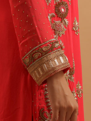 Coral Rose Viscose Georgette Kurta Set with Intricate Zardozi Embroidery & Chiffon Dupatta