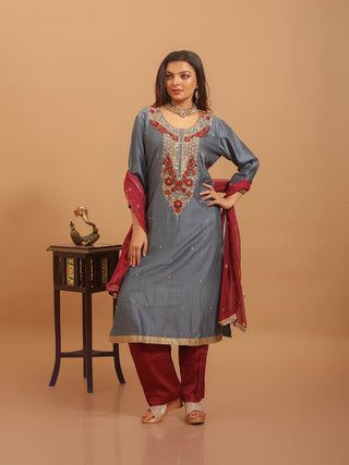 Slate Grey Muslin Kurta Set with Maroon-Gold Zardozi Yoke & Chiffon Dupatta