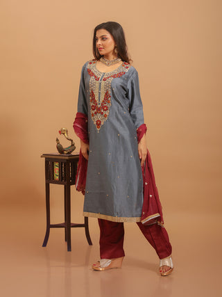 Slate Grey Muslin Kurta Set with Maroon-Gold Zardozi Yoke & Chiffon Dupatta