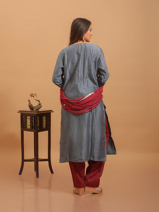 Slate Grey Muslin Kurta Set with Maroon-Gold Zardozi Yoke & Chiffon Dupatta