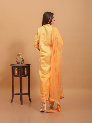 Pale Mango Muslin Kurta Set with Thread & Zardozi Embroidery & Chiffon Dupatta