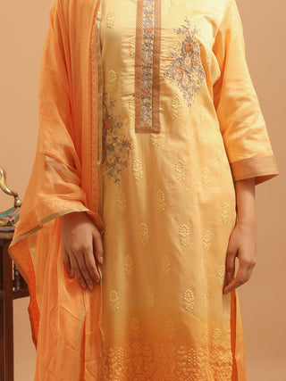 Pale Mango Muslin Kurta Set with Thread & Zardozi Embroidery & Chiffon Dupatta