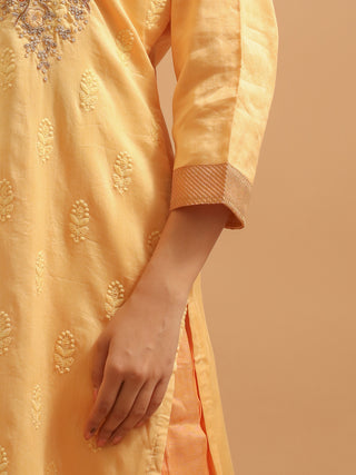 Pale Mango Muslin Kurta Set with Thread & Zardozi Embroidery & Chiffon Dupatta