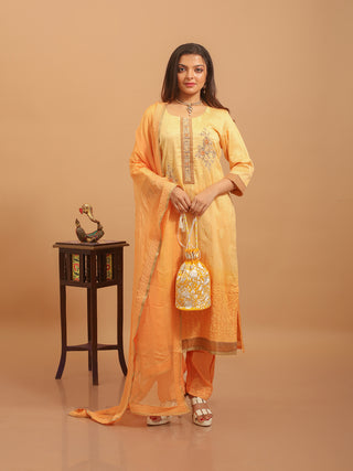 Pale Mango Muslin Kurta Set with Thread & Zardozi Embroidery & Chiffon Dupatta