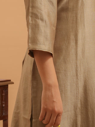Peanut Brown Muslin Kurta Set with Side-Embroidered Yoke & Organza Dupatta