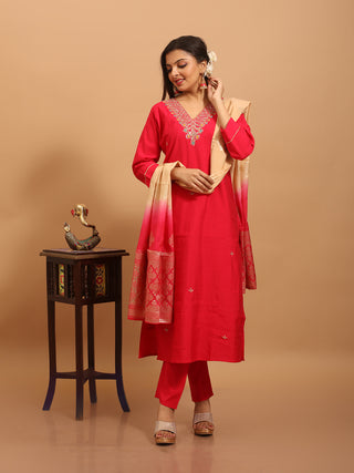 Red Dola Silk Kurta Set with Hand Zardozi Work & Banarasi Dupatta