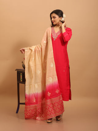 Red Dola Silk Kurta Set with Hand Zardozi Work & Banarasi Dupatta