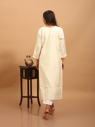 Cream Dola Silk Kurta Set with Multicolour Zardozi Embroidery & Banarasi Dupatta