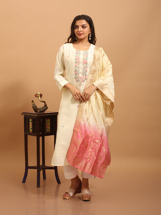Cream Dola Silk Kurta Set with Multicolour Zardozi Embroidery & Banarasi Dupatta