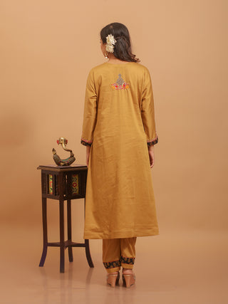 Golden Beige Cotton Silk Kurta Set with Hand Zardozi Work & Black Banarasi Katan Dupatta