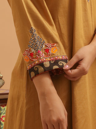 Golden Beige Cotton Silk Kurta Set with Hand Zardozi Work & Black Banarasi Katan Dupatta