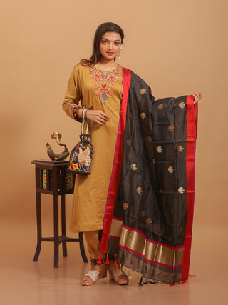Golden Beige Cotton Silk Kurta Set with Hand Zardozi Work & Black Banarasi Katan Dupatta