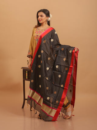Golden Beige Cotton Silk Kurta Set with Hand Zardozi Work & Black Banarasi Katan Dupatta