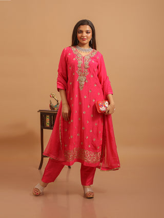 Rani Pink Bangalore Silk Kurta Set with Hand Zardozi Work & Chiffon Dupatta