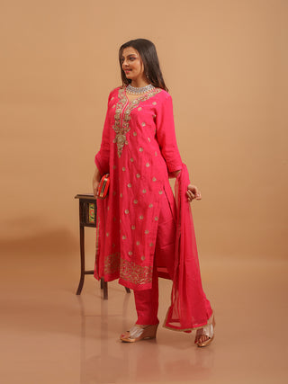 Rani Pink Bangalore Silk Kurta Set with Hand Zardozi Work & Chiffon Dupatta