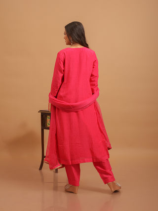Rani Pink Bangalore Silk Kurta Set with Hand Zardozi Work & Chiffon Dupatta