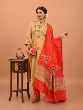 Golden Beige Bangalore Silk Kurta Set with Hand Zardozi Embroidery & Bhagalpuri Silk Dupatta