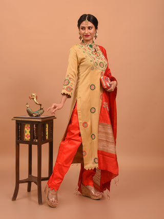 Golden Beige Bangalore Silk Kurta Set with Hand Zardozi Embroidery & Bhagalpuri Silk Dupatta