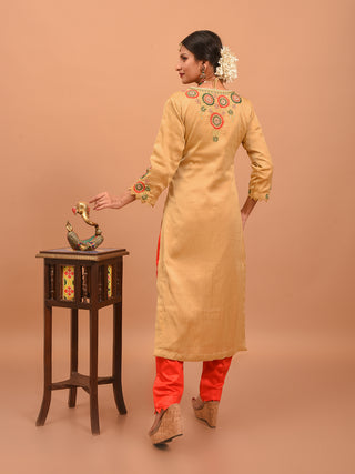 Golden Beige Bangalore Silk Kurta Set with Hand Zardozi Embroidery & Bhagalpuri Silk Dupatta