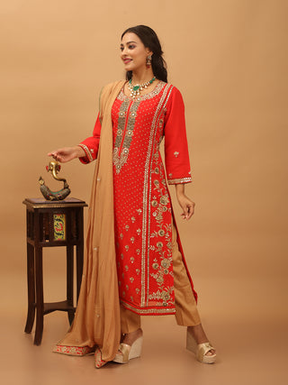 Red Georgette Kurta Set with Hand Zardozi Work & Beige Dupatta