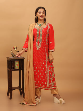 Red Georgette Kurta Set with Hand Zardozi Work & Beige Dupatta