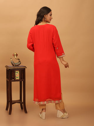 Red Georgette Kurta Set with Hand Zardozi Work & Beige Dupatta