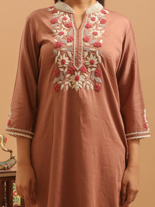 Mocha Brown Cotton Silk Kurta Set with Hand Aari Embroidery