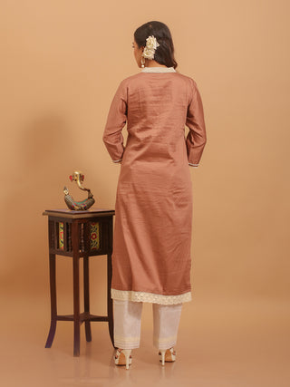 Mocha Brown Cotton Silk Kurta Set with Hand Aari Embroidery