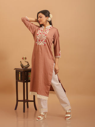 Mocha Brown Cotton Silk Kurta Set with Hand Aari Embroidery