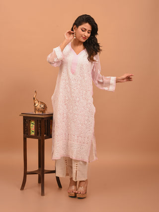 Baby Pink Lucknowi Chikankari Kurti with Cotton Inner