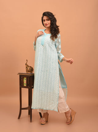 Aqua Blue Lucknowi Chikankari Kurti with Cotton Inner