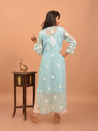 Aqua Blue Lucknowi Chikankari Kurti with Cotton Inner