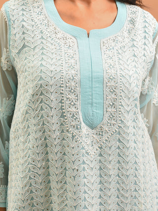Aqua Blue Lucknowi Chikankari Kurti with Cotton Inner