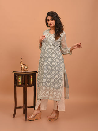 Grey Lucknowi Chikankari Kurti with Cotton Inner